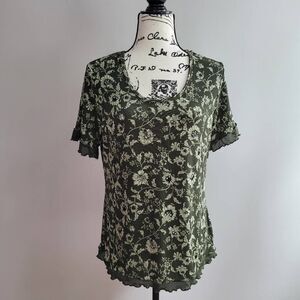 Vintage L green floral short flutter sleeved blouse fairy grunge whimsigoth